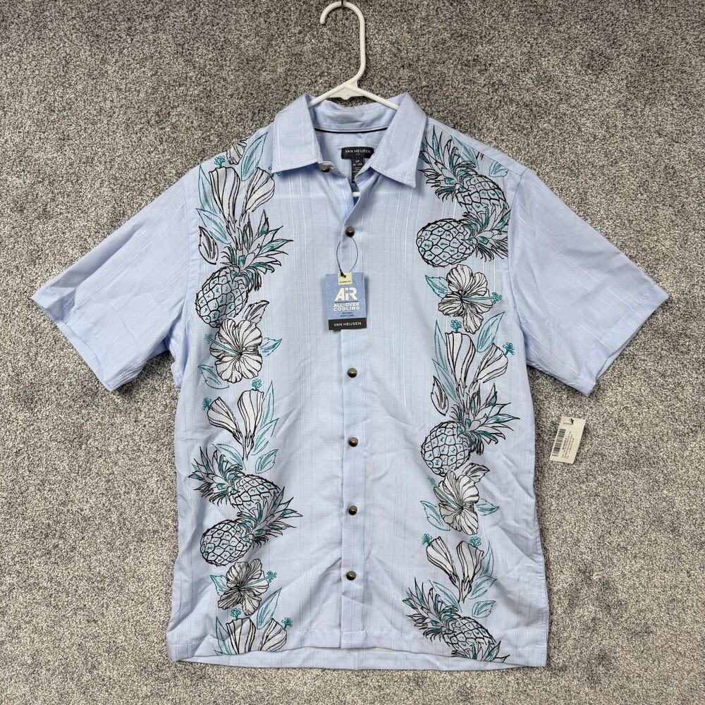 Van Heusen Shirt Mens Small Blue Pineapple Hawaiian Cooling Tropical Button Up